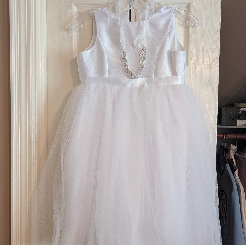 Girls David's Bridal White Satin Dress